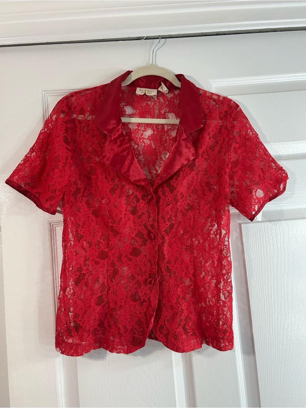 Vintage Victoria’s Secret Red Lace Short-Sleeve Button-Up Top